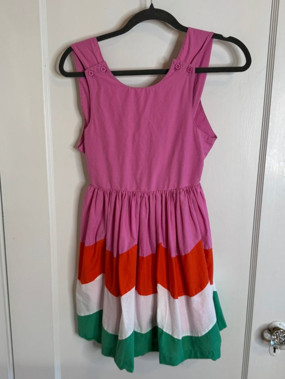 Mini Boden Pink Multicolor Cross-Back Scallop Color Block Dress sz 9-10Y